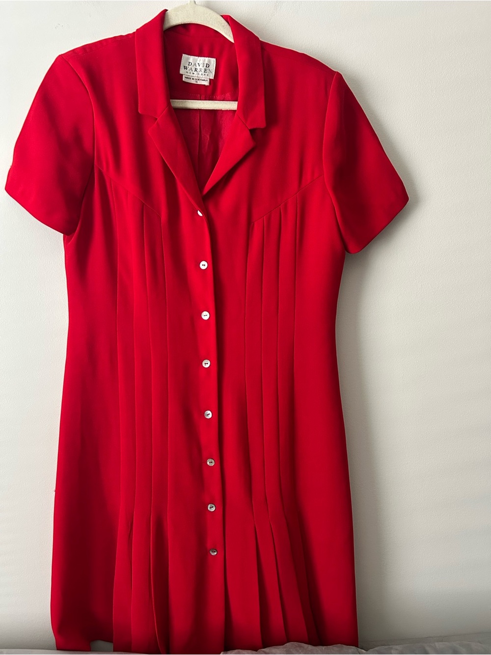 VTG David Warren Red Short-Sleeve Button Front pleated career dress